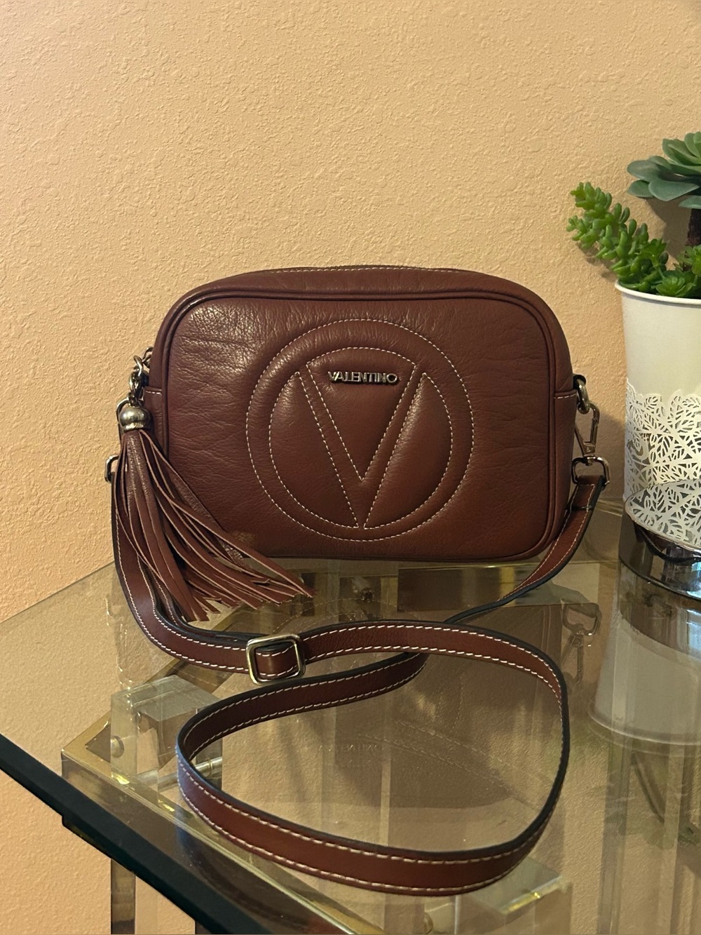 Mario Valentino Cognac Leather Quilted V Crossbody Bag with Fringe Tassel - Picture 4 of 14